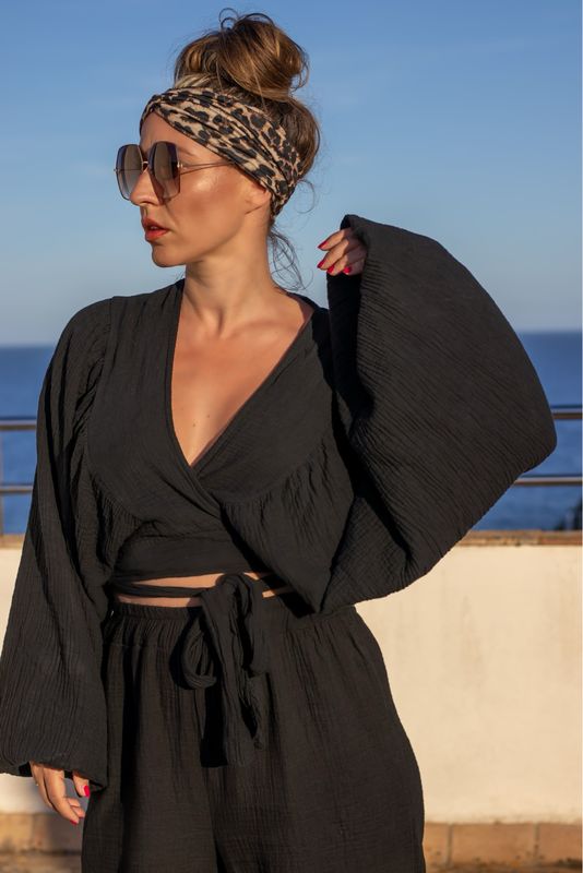 Musselin Crop Wickel Bluse - Siena Black