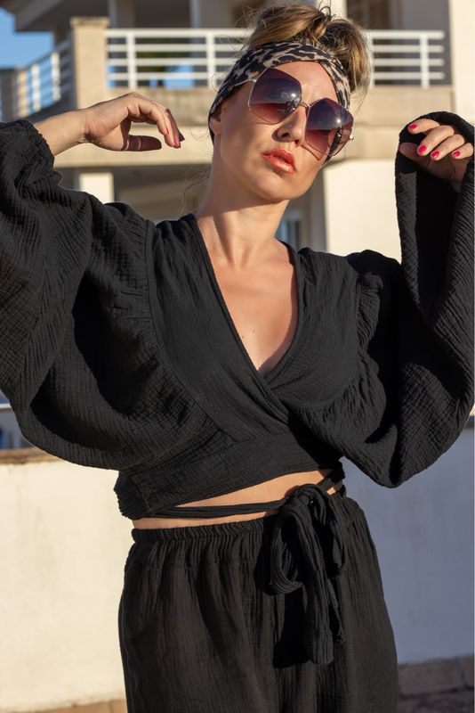 Musselin Crop Wickel Bluse - Siena Black