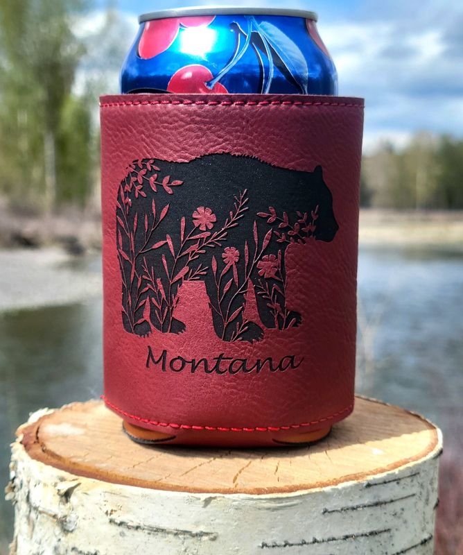 Floral Bear Leatherette Coozie/Rose/Black