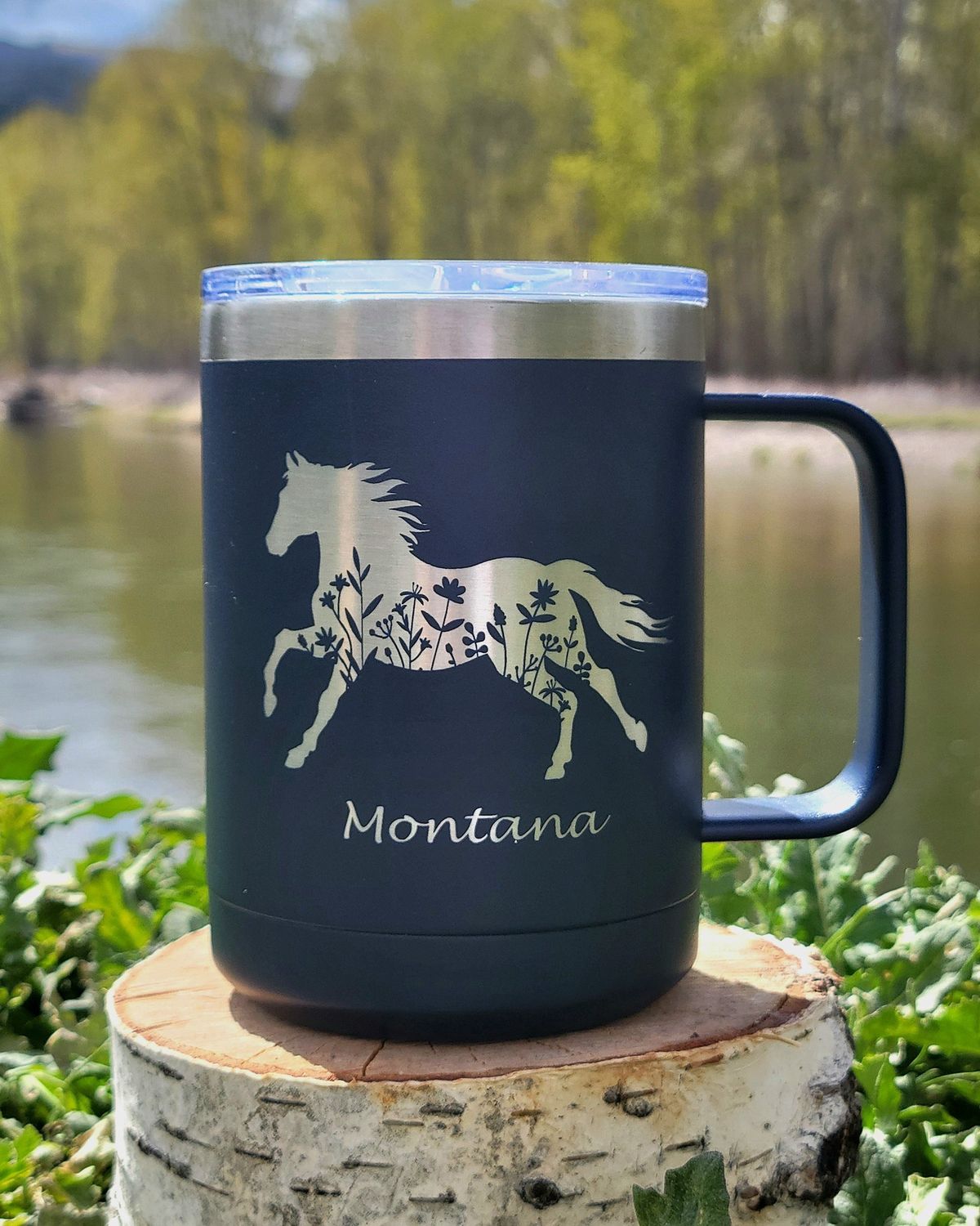 Floral Horse MT PC Mug 15 oz Navy/Silver