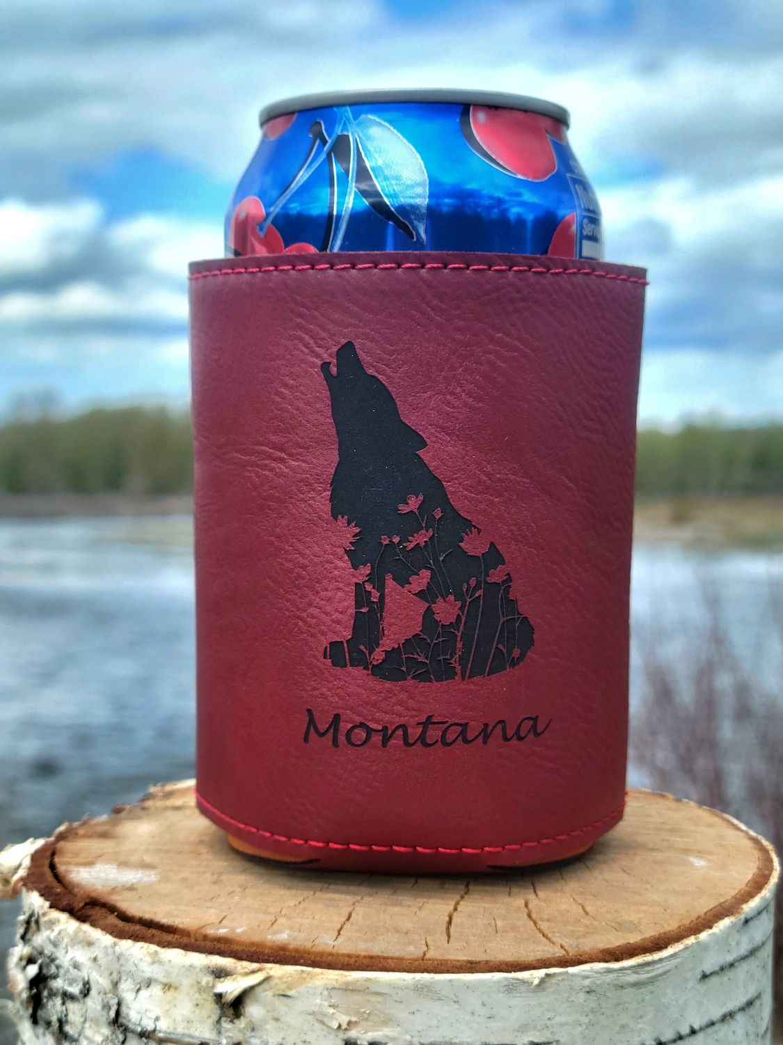 Floral Wolf Leatherette Coozie Rose/Black