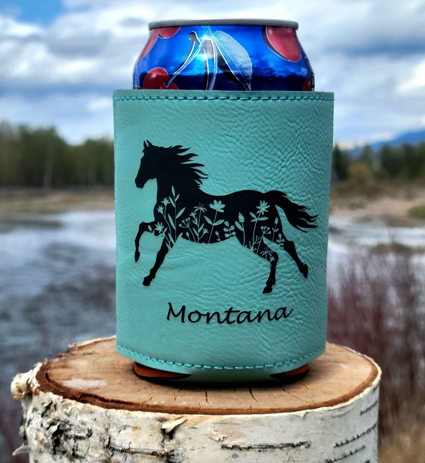 Floral Horse Leatherette Coozie/Teal/Black
