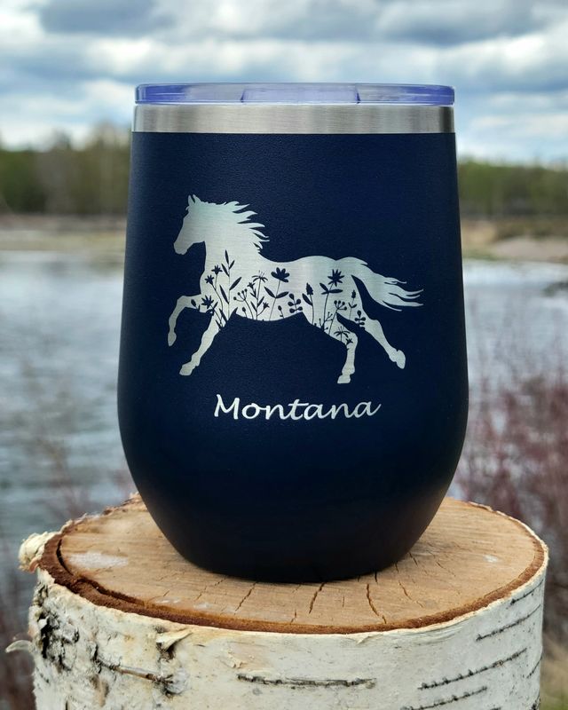 Floral Horse Wine Tumbler Navy/Silver