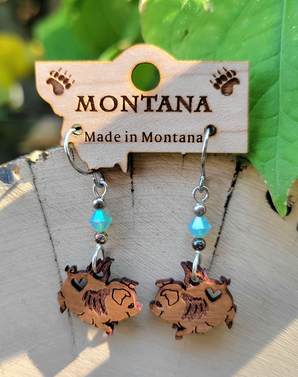 Flying Pig Heart Wood Earrings