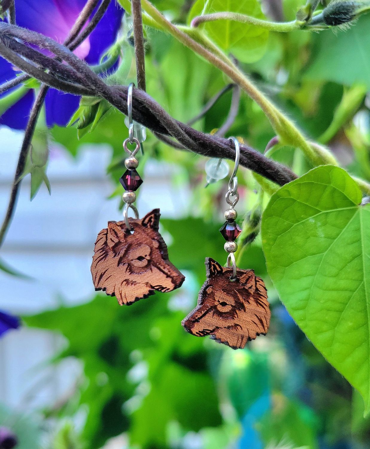 Wolf Head Wood Earrings