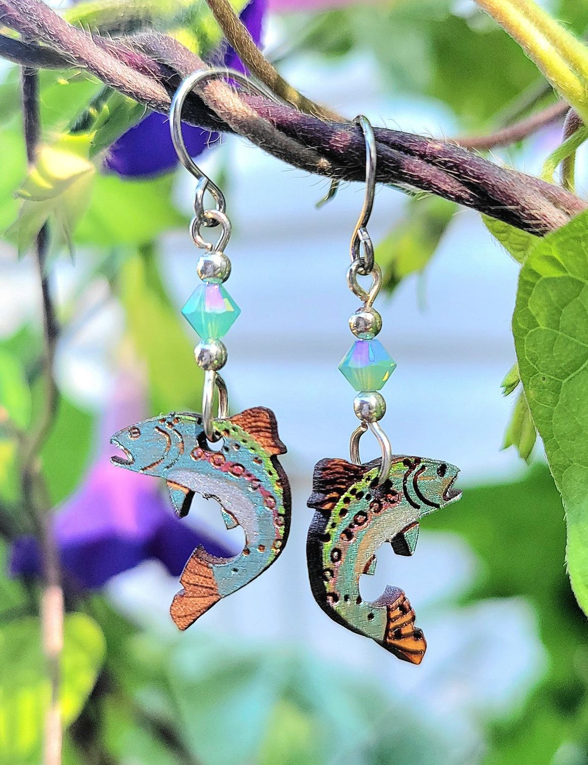 Wood Rainbow Trout Earrings