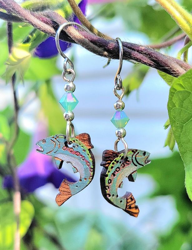 Wood Rainbow Trout Earrings