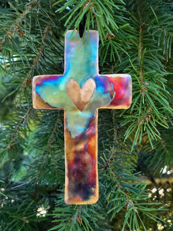 Cross Heart Copper Ornament