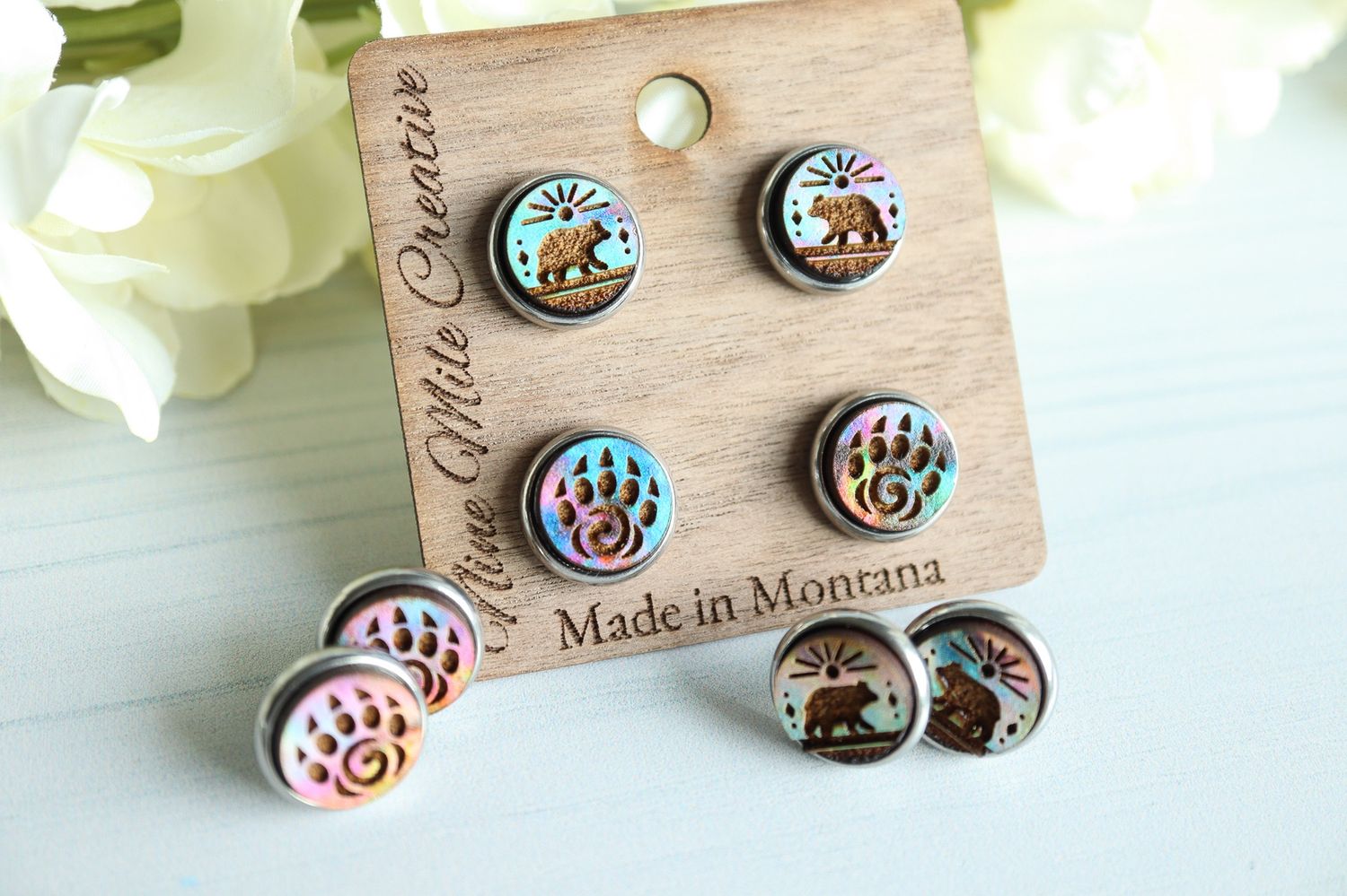 Bear and Bear Paw Stud Earrings - 2 Pairs