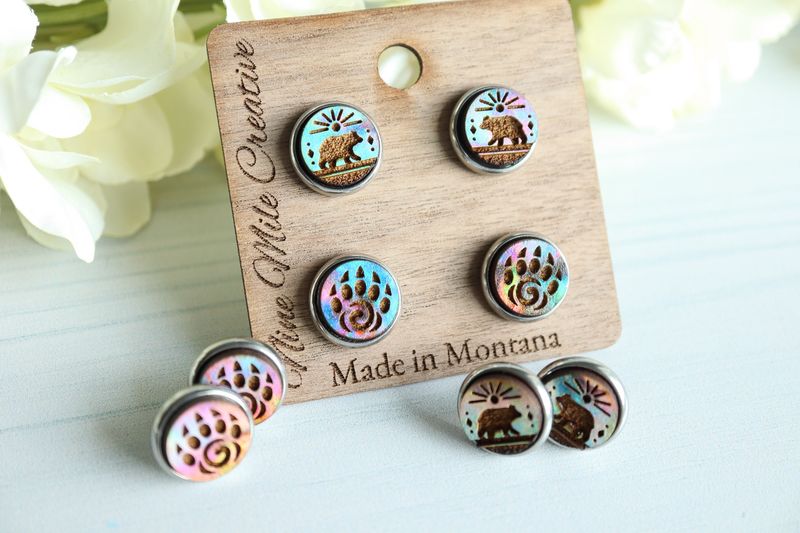 Bear and Bear Paw Stud Earrings - 2 Pairs