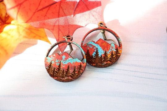 Copper Mountain Forest Engraved Wood Earrings