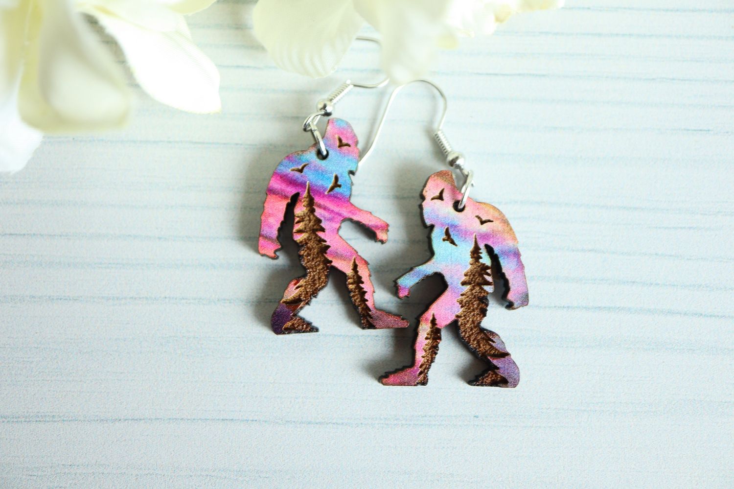 Bigfoot Wooden Dangle Earrings - Forest