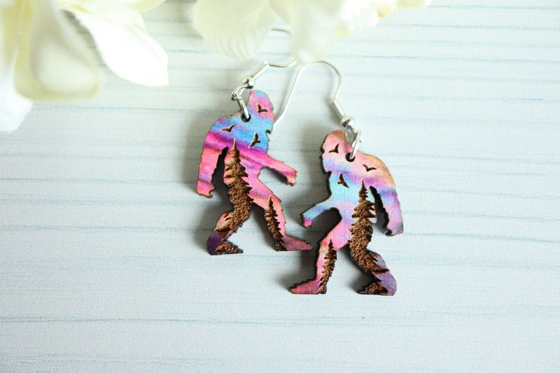 Bigfoot Wooden Dangle Earrings - Forest
