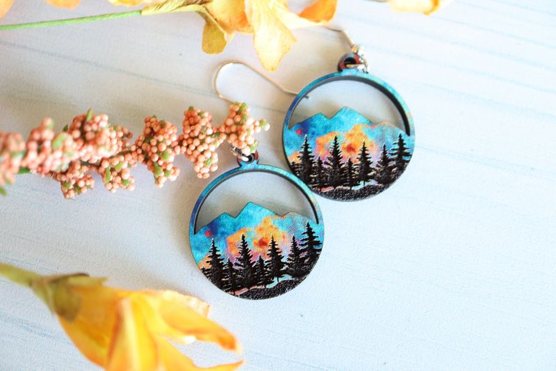 Ember Sunset Mountain Wood Dangle Earrings