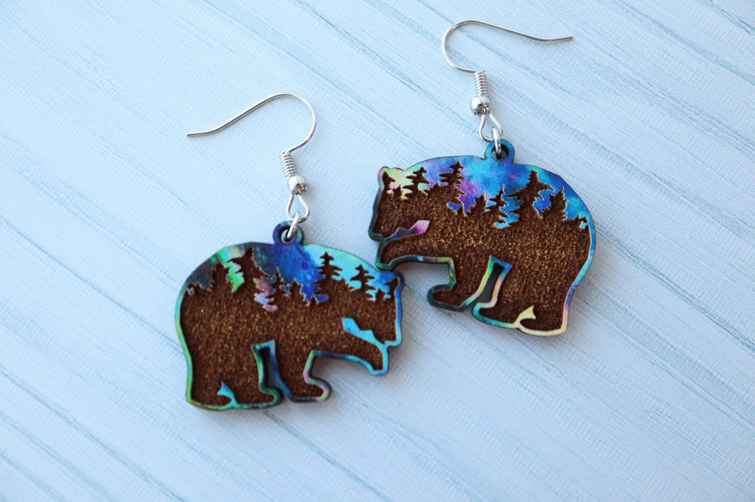 Aurora Bears Forest Engraved Wood Dangle Earrings