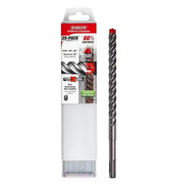 Diablo BULK (25Pcs)- Rebar Demon SDS-Plus 4-Cutter Full Carbide Head Hammer Drill Bit (5/32" - 1-1/4")