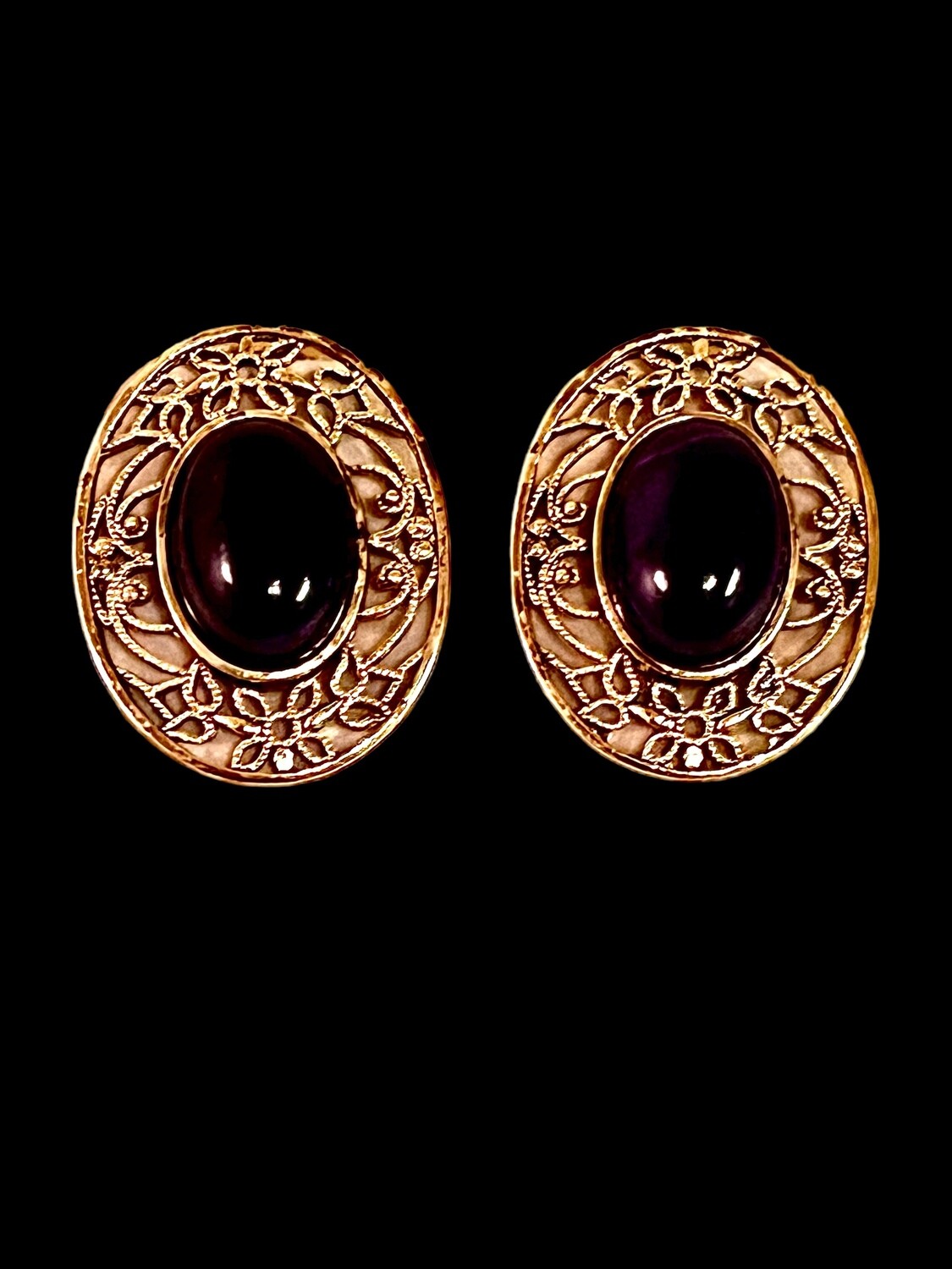 VINTAGE GILT LARGE AMETHYST  EARRINGS