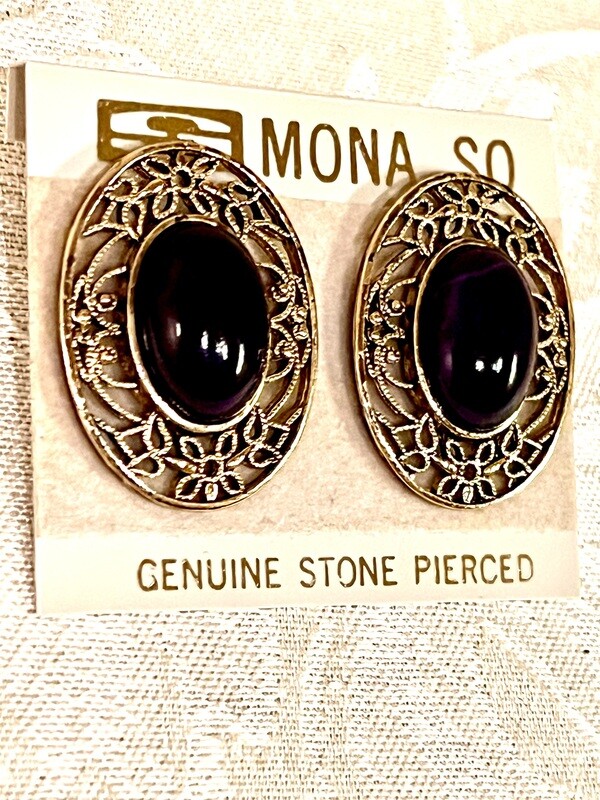 VINTAGE GILT LARGE AMETHYST  EARRINGS
