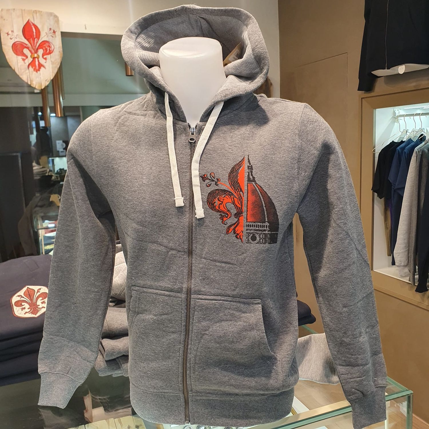 Felpa cerniera e cappuccio "Cupola e Giglio" grigio melange scuro