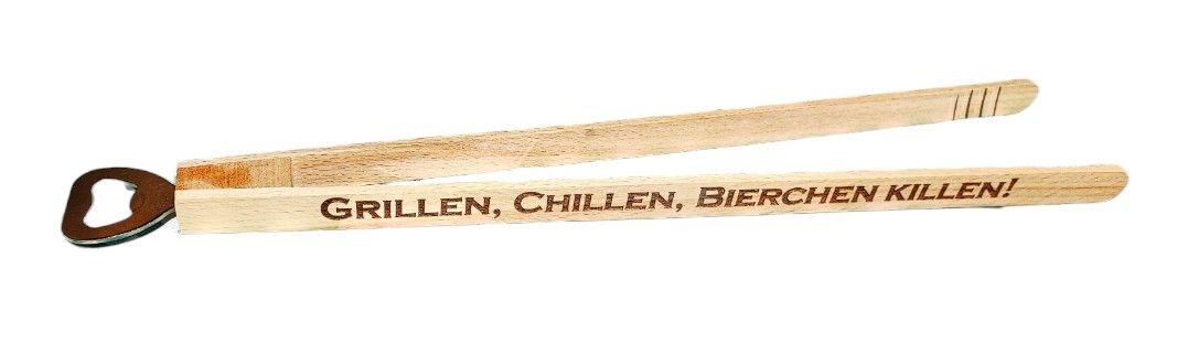 Grillzange mit Flaschenöffner "Grillen, chillen, Bierchen killen"