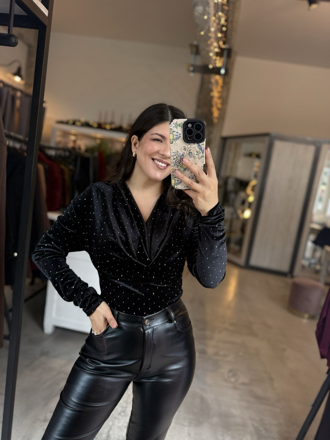 VELVET RHINESTONES LONG SLEEVE BODY