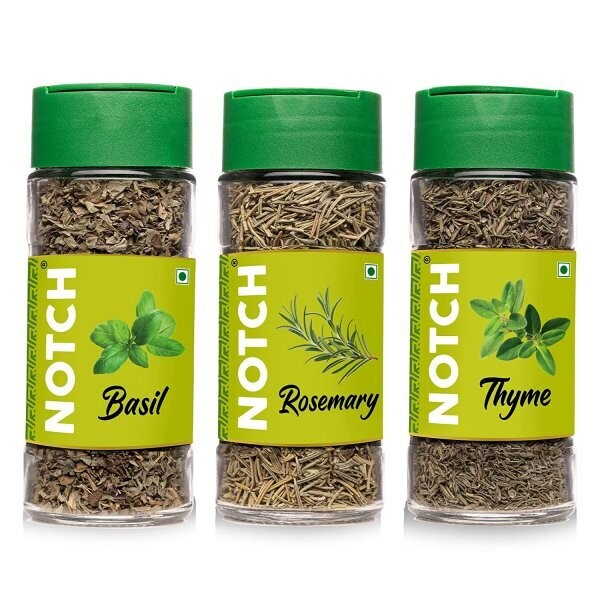 NOTCH® Herbs &amp; Seasoning | Italian Herbs | Basil – 15 gm, Thyme – 20 gm, Rosemary – 20 gm | Glass Bottle (Pack of 3)