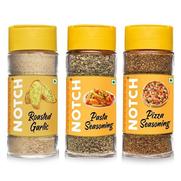 NOTCH® Pizza/Pasta Seasoning &amp; Roasted Garlic Combo | Pasta Seasoning– 45 gm, Roasted Garlic – 75 gm, Pizza Seasoning Spice Mix – 35 gm | Glass Bottle (Pack of 3