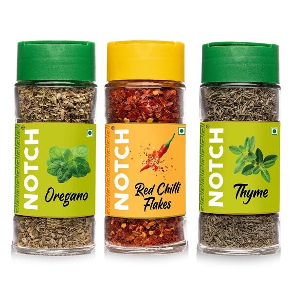 NOTCH® Pizza/Pasta Seasoning | Italian Herbs Combo | Glass Bottle | Oregano – 21 gm, Red Chilli Flakes – 8 gm, Thyme – 20 gm (Pack of 3)