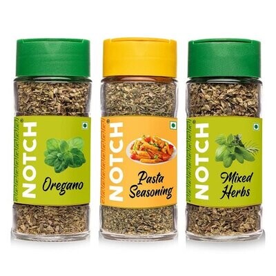 NOTCH® Seasoning for Pizza Pasta | Italian Herbs Seasonings & Spices | Oregano 21gm, Red Chilli Flakes 8gm, Mixed Herbs 20gm | Glass Bottle