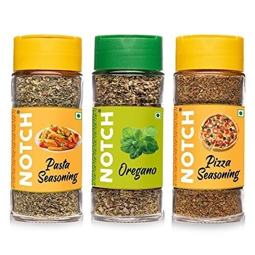 NOTCH® Pizza/Pasta Seasoning | Handpicked Dried Herbs | Glass bottle | Oregano – 21 gm, Pizza Seasoning – 35 gm, Pasta Seasoning Spice Mix – 45 gm (Pack of 3)