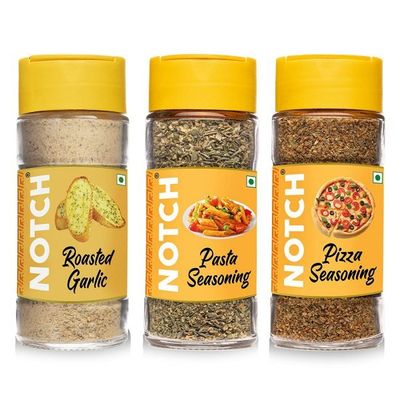 NOTCH® Pizza/Pasta Seasoning &amp; Roasted Garlic Combo | Pasta Seasoning– 45 gm, Roasted Garlic – 75 gm, Pizza Seasoning Spice Mix – 35 gm | Glass Bottle (Pack of 3