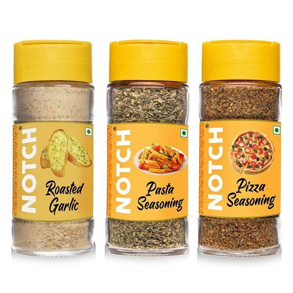 NOTCH® Pizza/Pasta Seasoning &amp; Roasted Garlic Combo | Pasta Seasoning– 45 gm, Roasted Garlic – 75 gm, Pizza Seasoning Spice Mix – 35 gm | Glass Bottle (Pack of 3