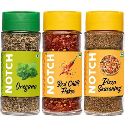 NOTCH® Pizza/Pasta Seasoning | Italian Herbs | Oregano – 21 gm, Red Chilli Flakes – 35 gm, Pizza Seasoning Spice Mix – 35 gm | Glass Bottle (Pack of 3)