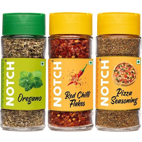 NOTCH® Pizza/Pasta Seasoning | Italian Herbs | Oregano – 21 gm, Red Chilli Flakes – 35 gm, Pizza Seasoning Spice Mix – 35 gm | Glass Bottle (Pack of 3)