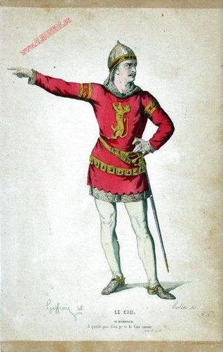 Grabado antiguo coloreado de Le Cid Rodrigue -El Cid Campeador-
