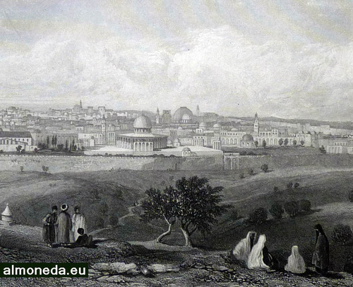 Grabado al acero antiguo grande: Jerusalen desde el Monte de los Olivos
