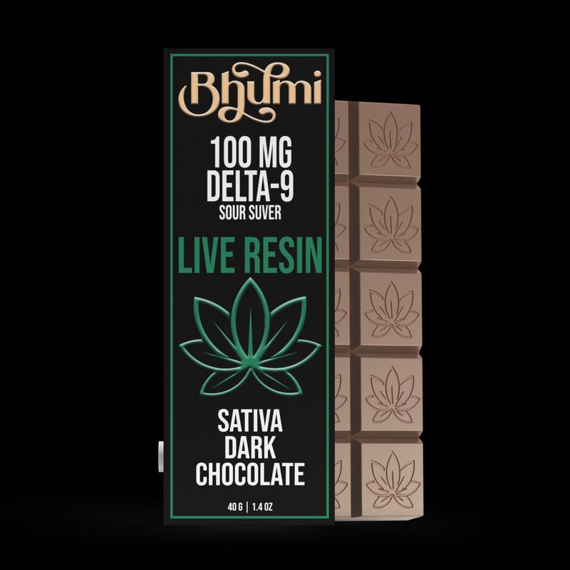 Bhumi Sativa Live Resin Dark Chocolate Bar package – 100 mg Delta-9 THC