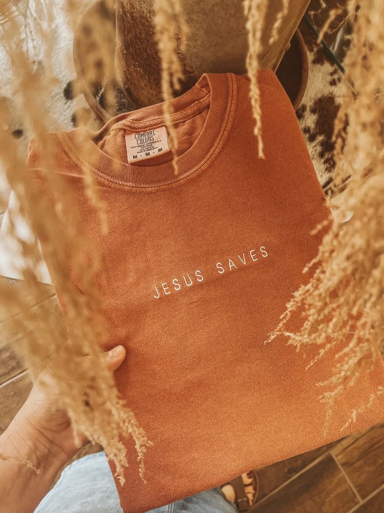 Embroidered Jesus Saves Comfort Colors Tee - Orange