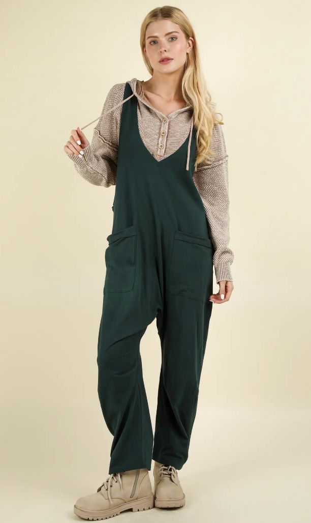 Casual Loose Fit Solid Knit Jumpsuit, Size: Small, Colour: Forest