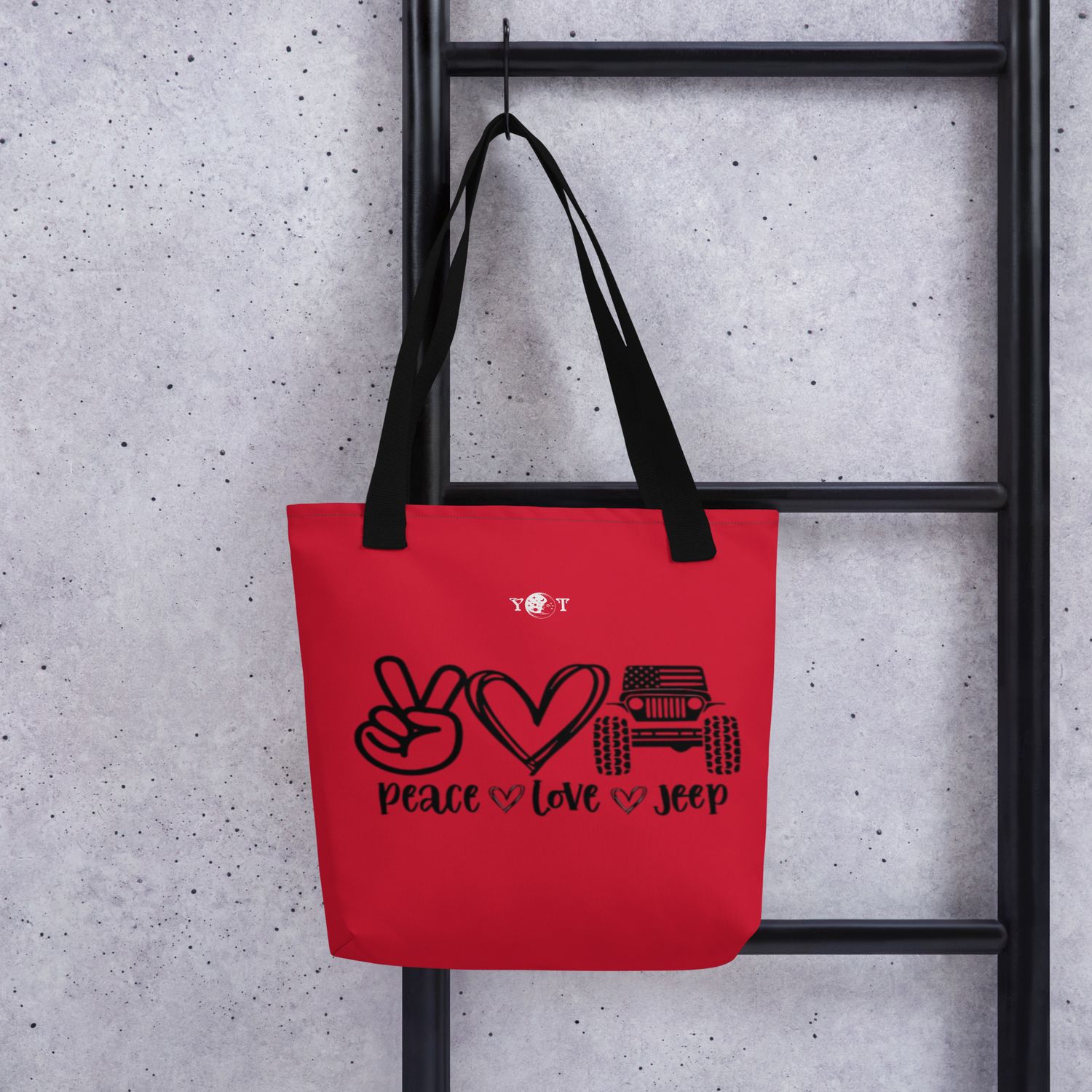 Peace Love Jeep tote red