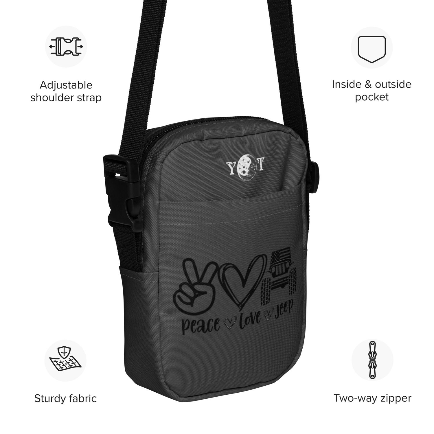 Peace Love Jeep crossbody charcoal