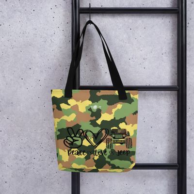 Peace Love Jeep tote camo