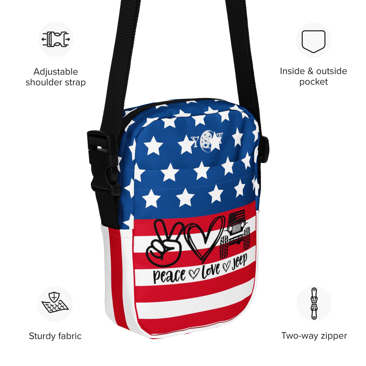 Peace Love Jeep crossbody flag