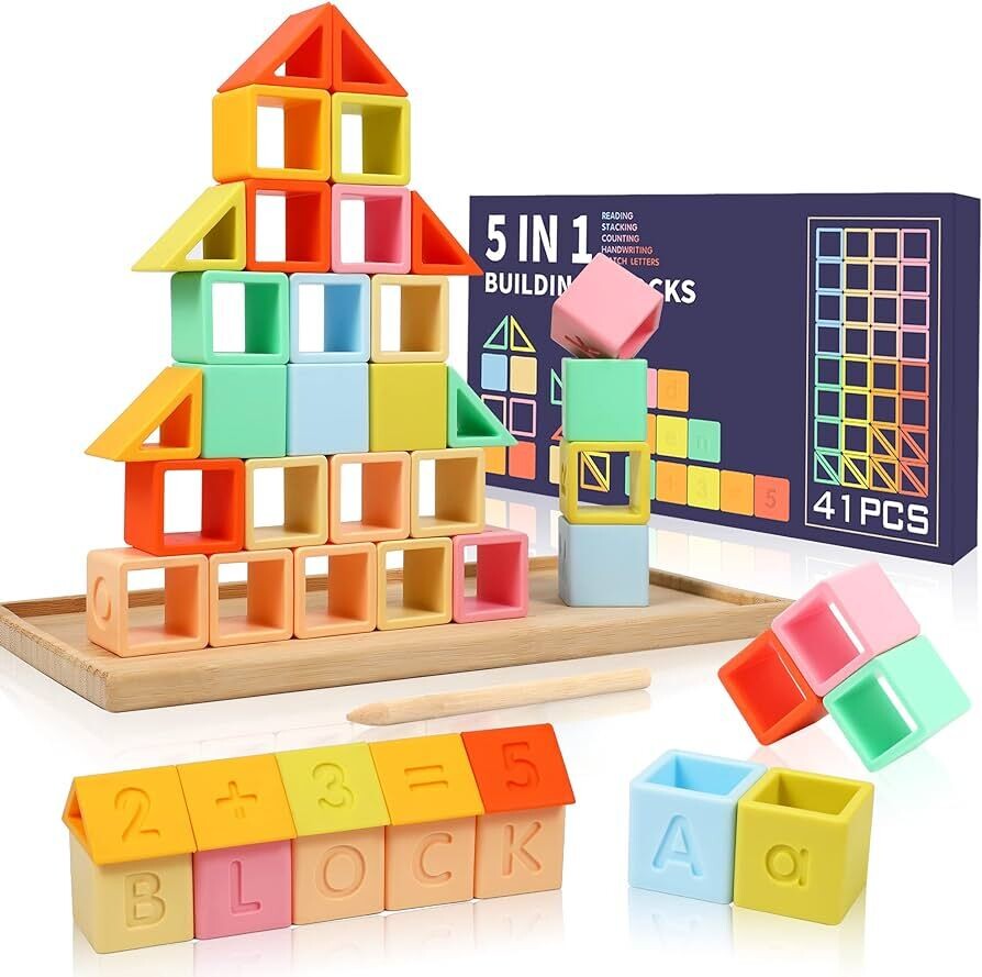 5in1 Montessori Silicone Building Blocks Rainbow Stacker Soft Stacking Blocks