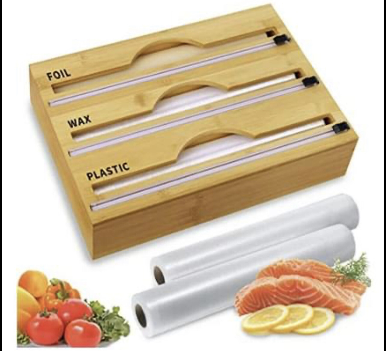 Kiktec Bamboo Plastic Wrap Dispenser with Cutter 3 in 1, Aluminum, Wax Paper, Foil and Plastic Wrap
