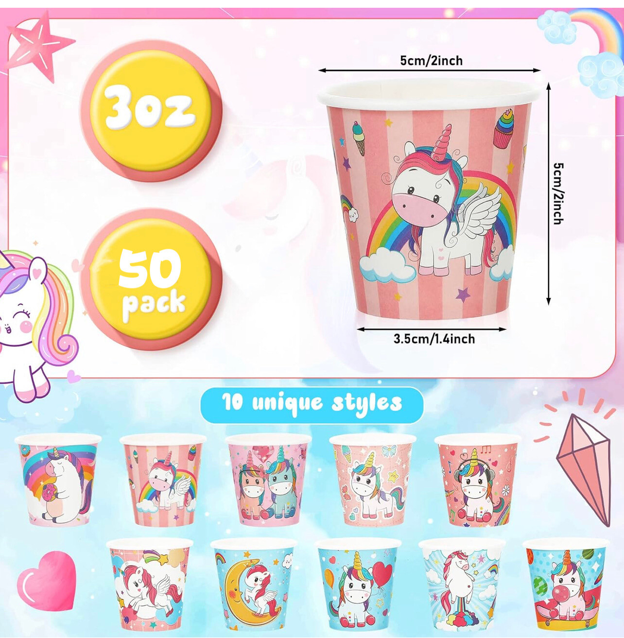 50 Pieces 3 oz Paper Cups (Unicorn Style)