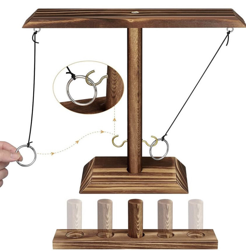 Hook and Ring Game Ring Toss Games with Shooting Ladder Set, Wooden Ring Throwing Game for Adults