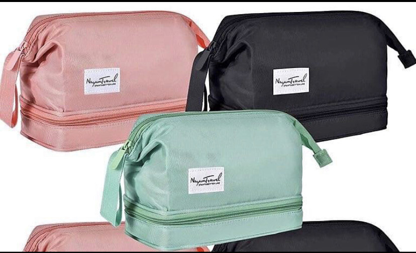 Double Layer Makeup Bag with Brush Organizer Cosmetic Bag Zip