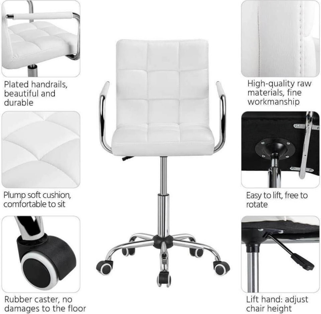 Modern Rolling White Desk Chair with Armrests/Wheels Heavy Duty Base SGSCertified Gaslift Cylinder