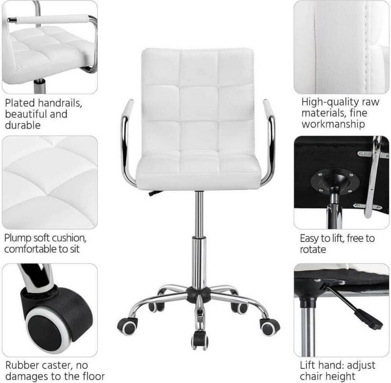Modern Rolling White Desk Chair with Armrests/Wheels Heavy Duty Base